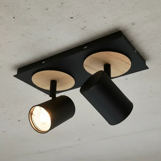 Aplique 2l Dicroled Spot Negro Con Madera Apto Pared O Techo