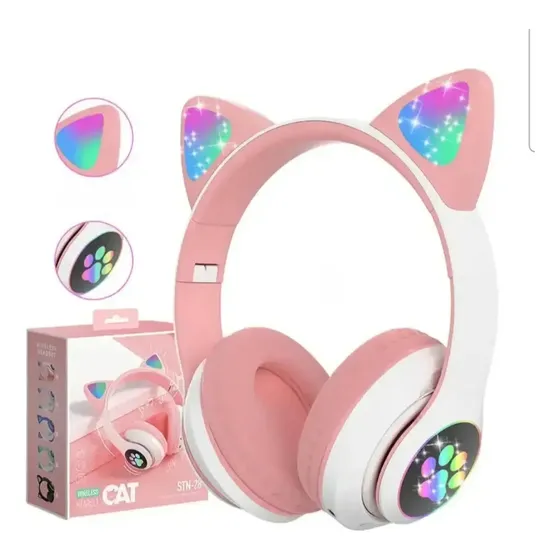 Auriculares Oreja Gatito Colores Led Inalámbricos Bluetooth Rosa