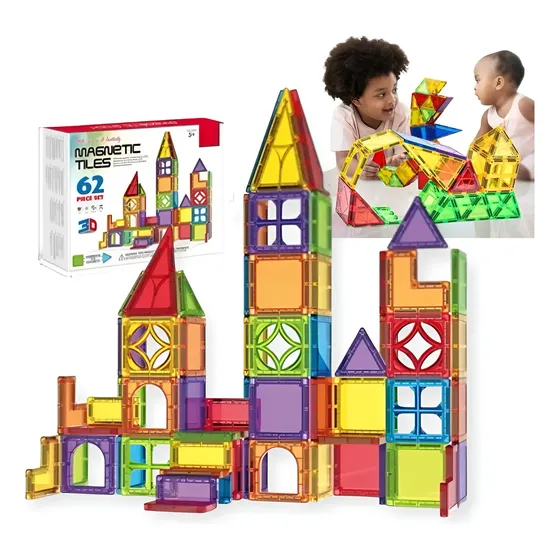 Bloques Magneticos Juguetes Para Armar Imantado 62 Piezas 3d Magnetic Tiles