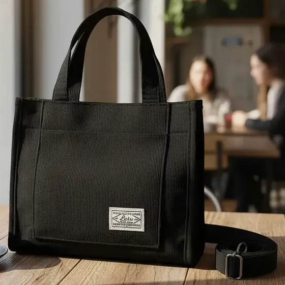 Bolsa Feminina De Ombro Em Veludo Canelado Preto Lisa