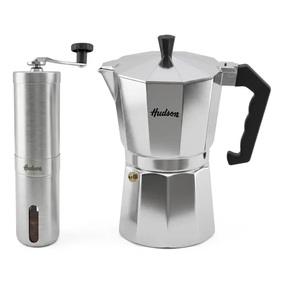 Cafetera Italiana 9 Pocillos Hudson + Molinillo Plateado