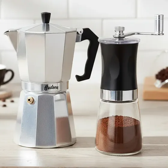 Cafetera Italiana  + Molinillo De Café Manual Linea Hudson