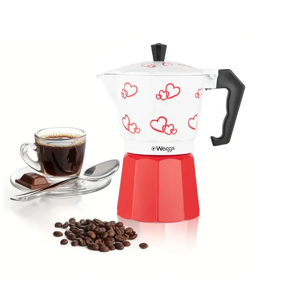Cafetera Moka Italiana Waggs Aluminio 6 Tazas 300ml Corazones