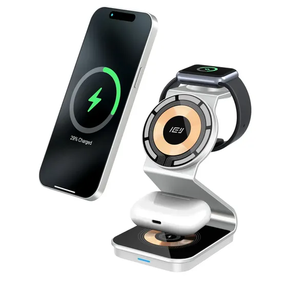 Cargador Inalámbrico 3 En 1 Para iPhone Watch AirPods 15w Color Plateado