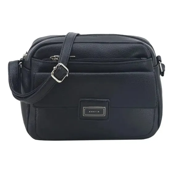 Carteras Bandoleras Mujer Amayra Cuero Sintético Bolsillos Negro Liso Plateado A Tono