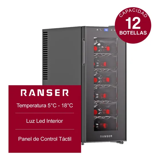 Cava de Vinos 12 Botellas Termoeléctrica Ranser Eléctrica Wc1412 Luz Led Color Negro