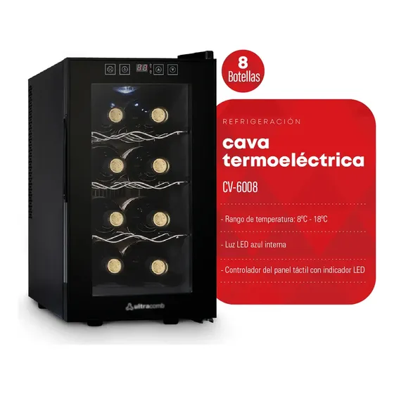 Cava De Vinos De 8 Botellas Termoeléctrica Ultracomb Cv6008 Luz LED azul interna Rejillas de Cromo