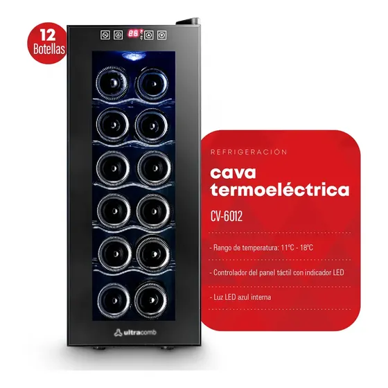 Cava de Vinos Termoeléctrica 12 Botellas Ultracomb Cv-6012 Panel Táctil Luz LED azul interna Rejillas de Cromo