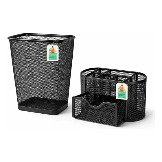 Combo Cesto Papelero Cuadrado Stendy + Organizador De Escritorio Metal Enrejado Negro Con Cajon Posalapiz