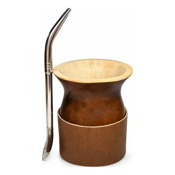 Combo Mate Criollo Base De Cuero Con Bombilla Pico De Loro