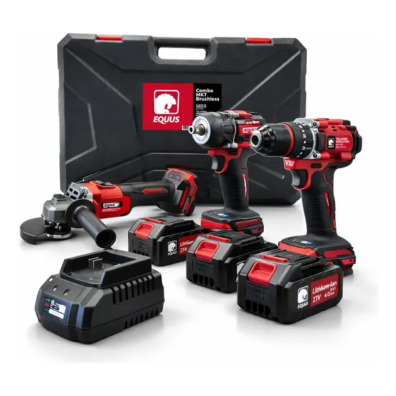 Combo Taladro Amoladora Llave Impacto 3 Baterias 21v Equus