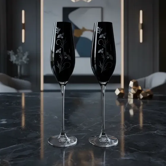Copa Cristal Negro Champaña Bohemia Flor Con Swarovski Setx2
