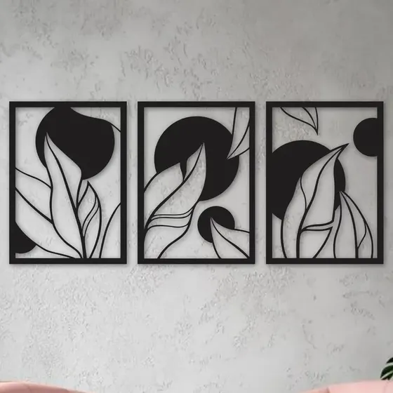 Cuadro Artesanal Triptico Hojas Circulos Calado Mdf 90x40cm Color Negro - ENVASES DEVOTO