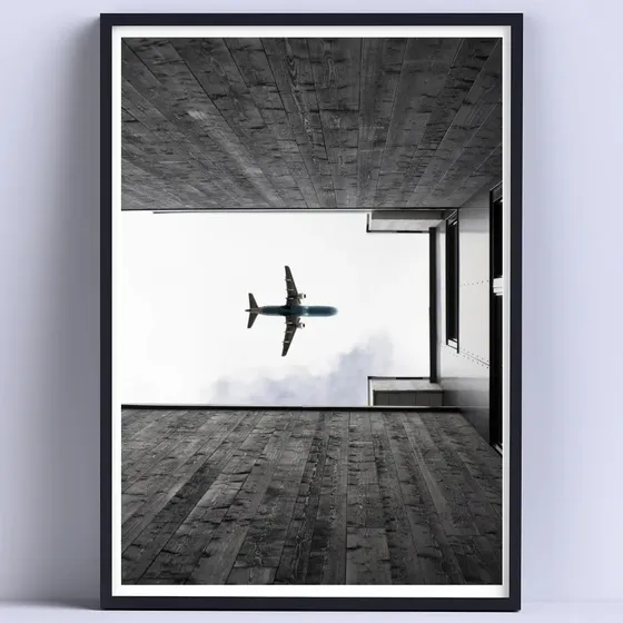 Cuadro Avion Volando Edificios Deco 30x40cm Listo P Colgar Negro