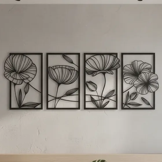 Cuadro Decorativo Flores Hojas Plantas X4 Mdf 6mm 200x70cm