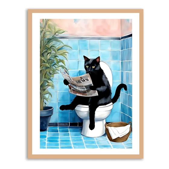 Cuadro Decorativo Gato Negro Leyendo El Diario En El Baño