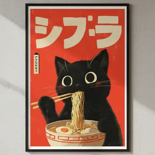 Cuadro Gato Negro Comiendo Ramen Cocina Decodam 30x40cm Negro