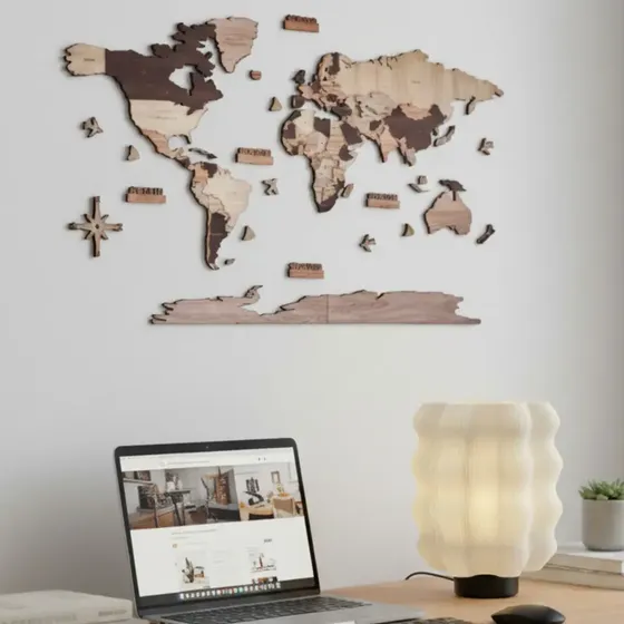 Cuadro Mapamundi Madera 3d Grabado Países. Planisferio Pines Mediterráneo