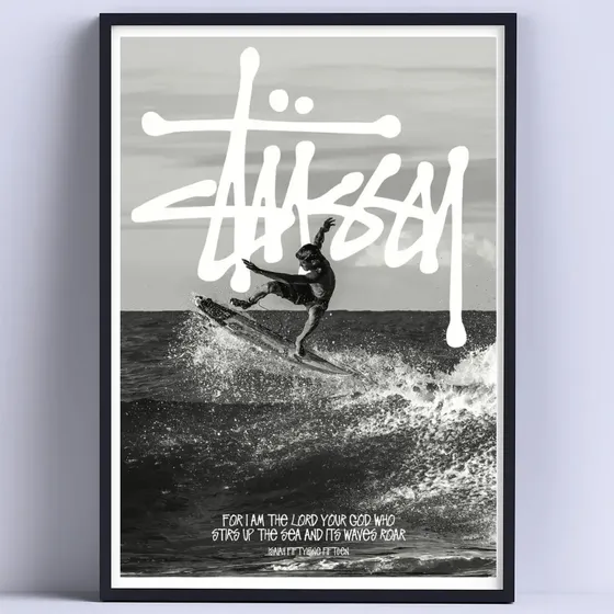 Cuadro Stussy Surf Ola Byn 30x40cm Con Vidrio Negro