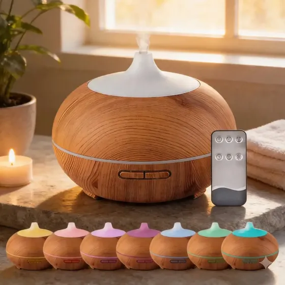 Difusor Aromaterapia Humidificador Ultrasónico Madera 500ml Control Remoto Vaporizador Aire Luz Led 7 Colores Purificador Silencioso Diseño 