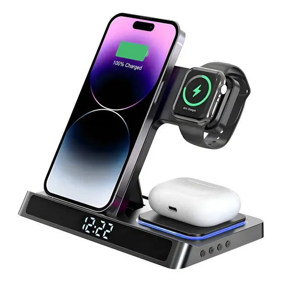 Estacion Cargador Inalambrico Celular 4 En 1 - Con Reloj Led