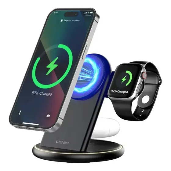 Estación de Carga Inalámbrica 5 en 1 LDNIO WL02 con Soporte Magnético y Luz LED para Teléfono, Auriculares y Reloj