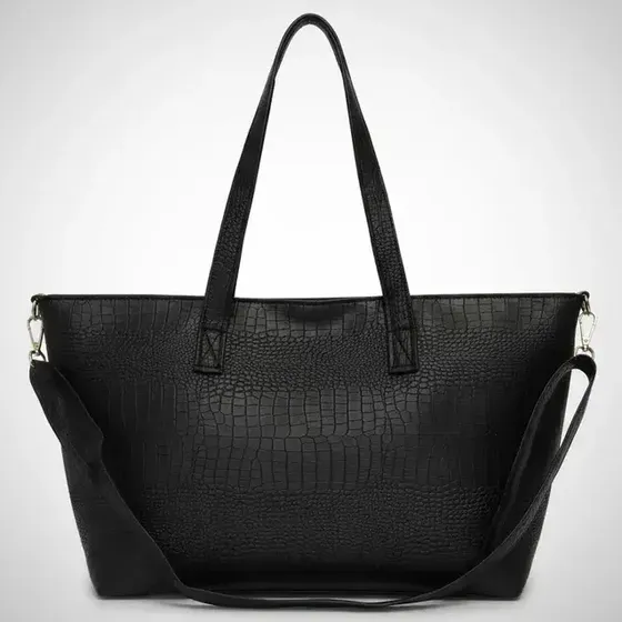 Grande Amplia Cartera Cuero Ecológico Negra Croco