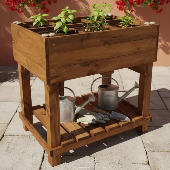 Huerta Urbana De Madera Con Divisores Y Estante 90x60x90