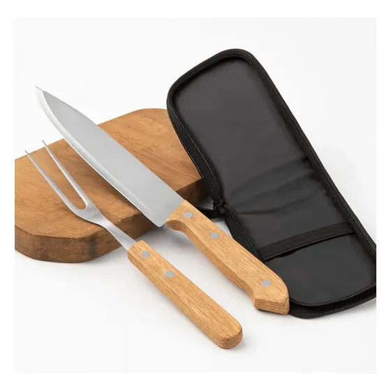 Juego Asado Cuchillo Tenedor Mango Madera Estuche Portátil