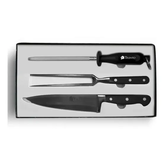 Juego Asador Cuchillo Trento Acero 420 + Trinche + Chaira Negro