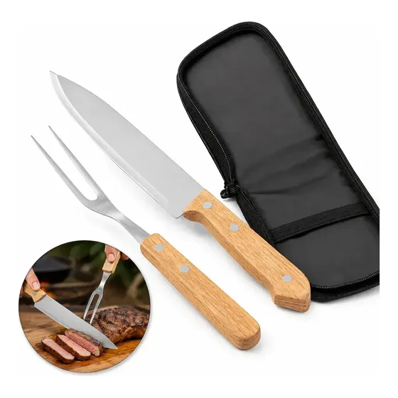 Juego De Asado Cuchillo Tenedor Mango Madera Con Estuche