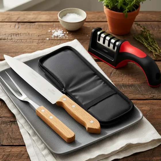 Juego De Asado Cuchillo Y Tenedor Mango De Madera + Afilador