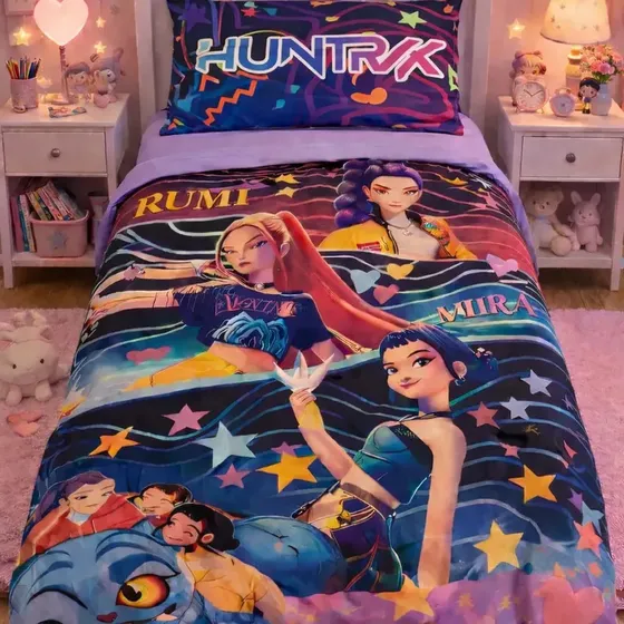 Juego De Sábanas Infantil Guerreras K Pop 3d 1 1/2 Plaza Violeta