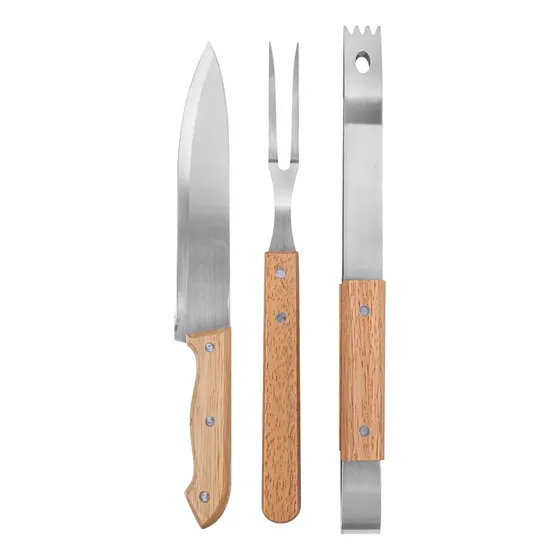 Juego Kit Asador Parrilla Tenedor Cuchillo Pinza Bamboo Fema