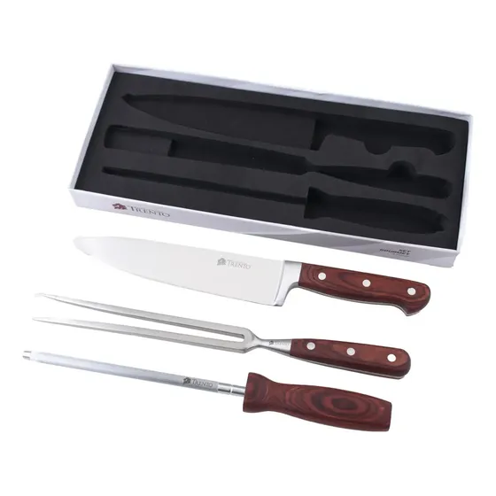 Juego X3 Piezas Trento Madera Cuchillo Trinche Chaira Parril