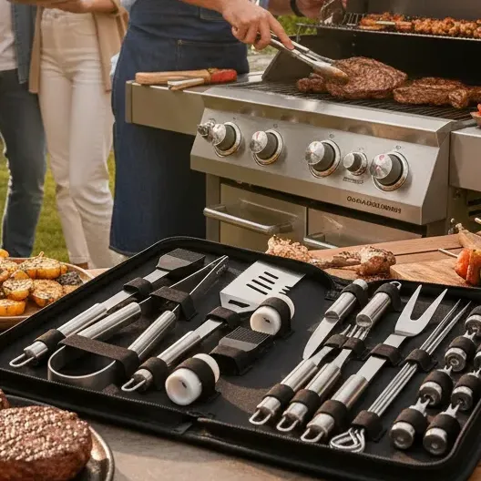 Kit Asado Completo 27 Piezas Acero Inoxidable Con Estuche Xl