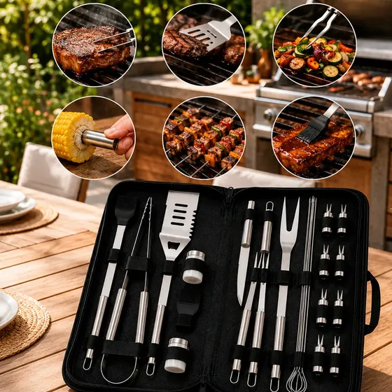 Kit Barbacoa 27 Piezas Acero Inoxidable Con Estuche Portátil