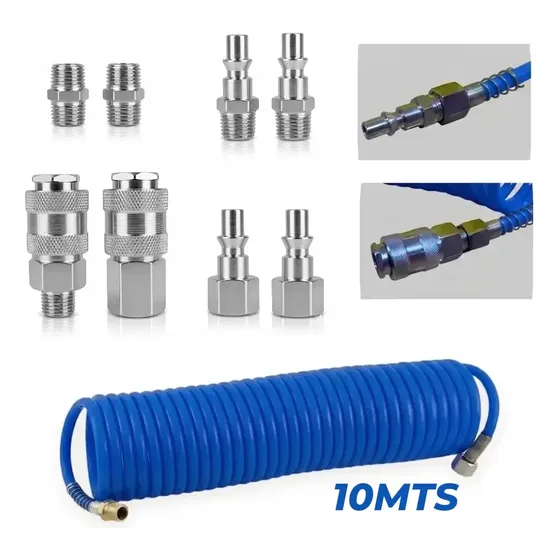 Kit Manguera Espiralada 10mts + Acoples Rápidos Para Compresor 8 Pcs Rosca 1/4 Npt Maneko Color Azul