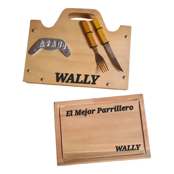 Kit Parrillero Personalizado Estuche Clu Madera Tabla Asado