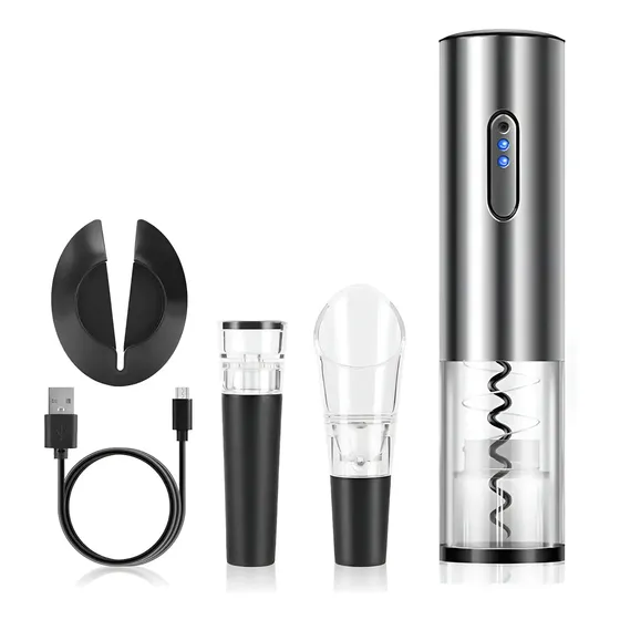 Kit Sommelier Eléctrico Daza Sacacorchos Inoxidable USB con Aireador y Tapón