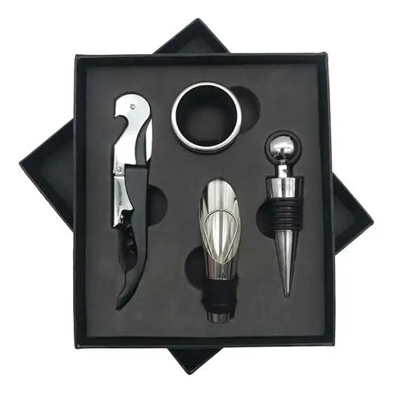 Kit Vino 4 Piezas Dosificador Tapon Destapador Caja Elegante