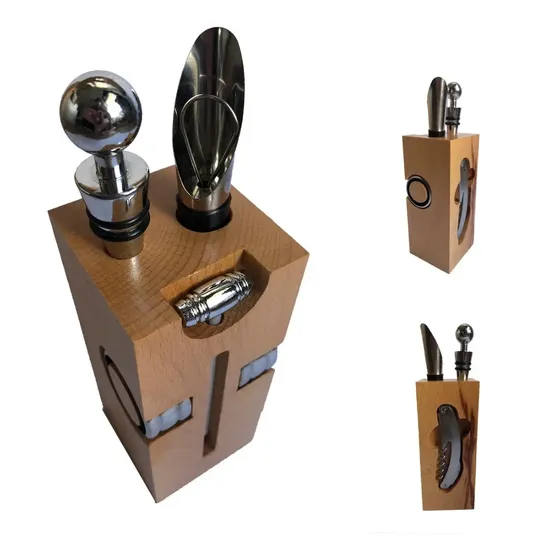 Kit Vino 4 Piezas Madera Calado Regalo Amigos  Accesorio Set