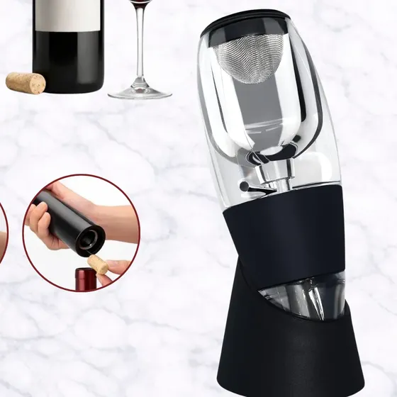 Kit Vinos: Sacacorchos Eléctrico Recargable Negro + Oxigenador Aireador Decantador Tinto