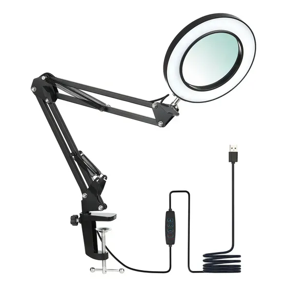 Lámpara de Escritorio LED con Lupa 8x, Luz Ajustable y Clip USB