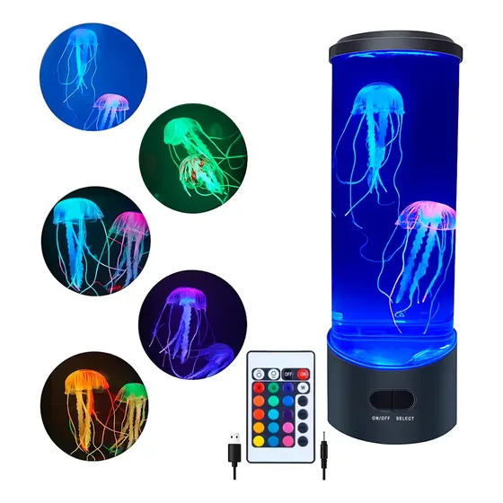 Lampara Escritorio Lava Medusas Led Rgb Usb Tanque Luz Noche Negro