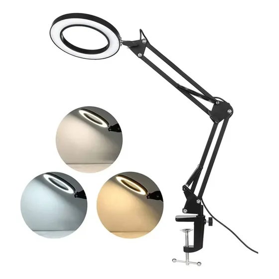 Lámpara Led De Escritorio Con Lupa 3 Luces Ajustable Negro