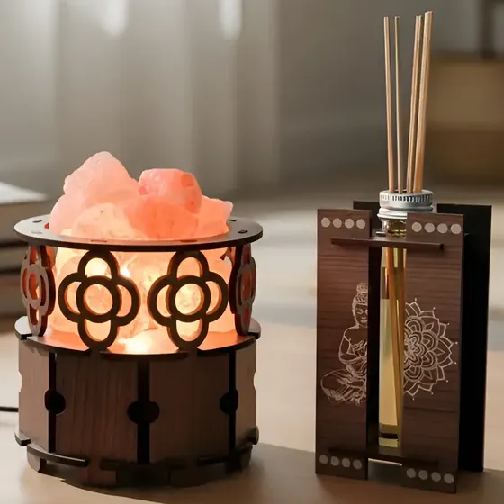 Lámpara Piedra Luz Sal Himalaya + Difusor Aromático - Natura Color Marrón - ENVASES DEVOTO