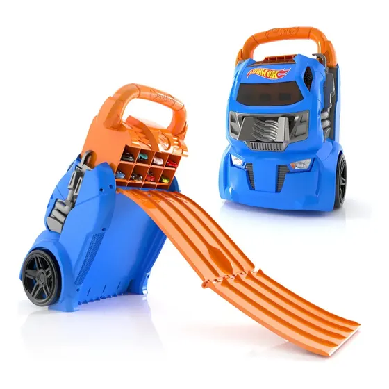 Maletín Guarda Autos Hot Wheels Multilanzador para 20 Vehículos, Pista de 4 Carriles y Manija, Azul
