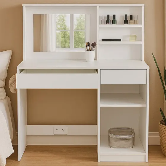 Maquillador Tocador Escritorio Con Espejo Y Cajones Funcional Organizador Diaz Home Tini Juvenil Blanco Deco