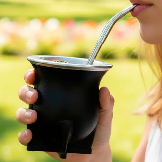 Mate Calabaza Camionero Uruguayo Cuero + Bombilla Pico De Loro Acero Inoxidable Negro